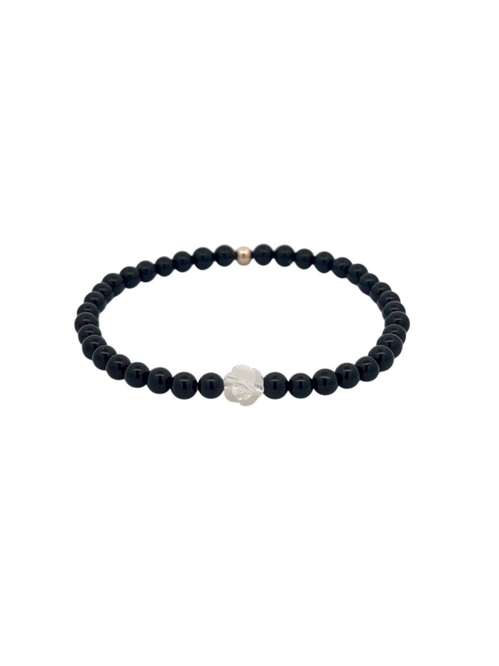 Natural Black Onyx Bracelet 4mm with White Mother of Pearl Flower & 14k Solid Go